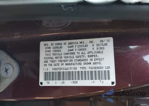 2010 Honda Accord 2.4 Lx from USA, damaged, VIN 1HGCP2F31AA171150